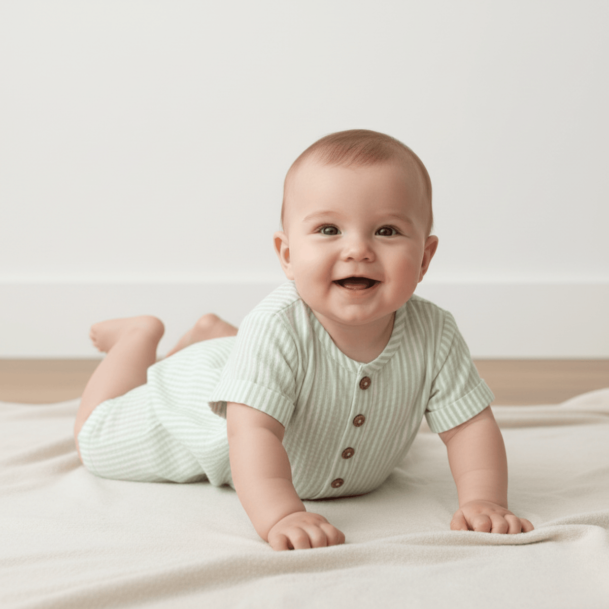 Organic Short Bubble Romper - Basil Stripes - Collar, Baby & Toddler Clothing, Facial expression, Button, Smile | Everetts Place