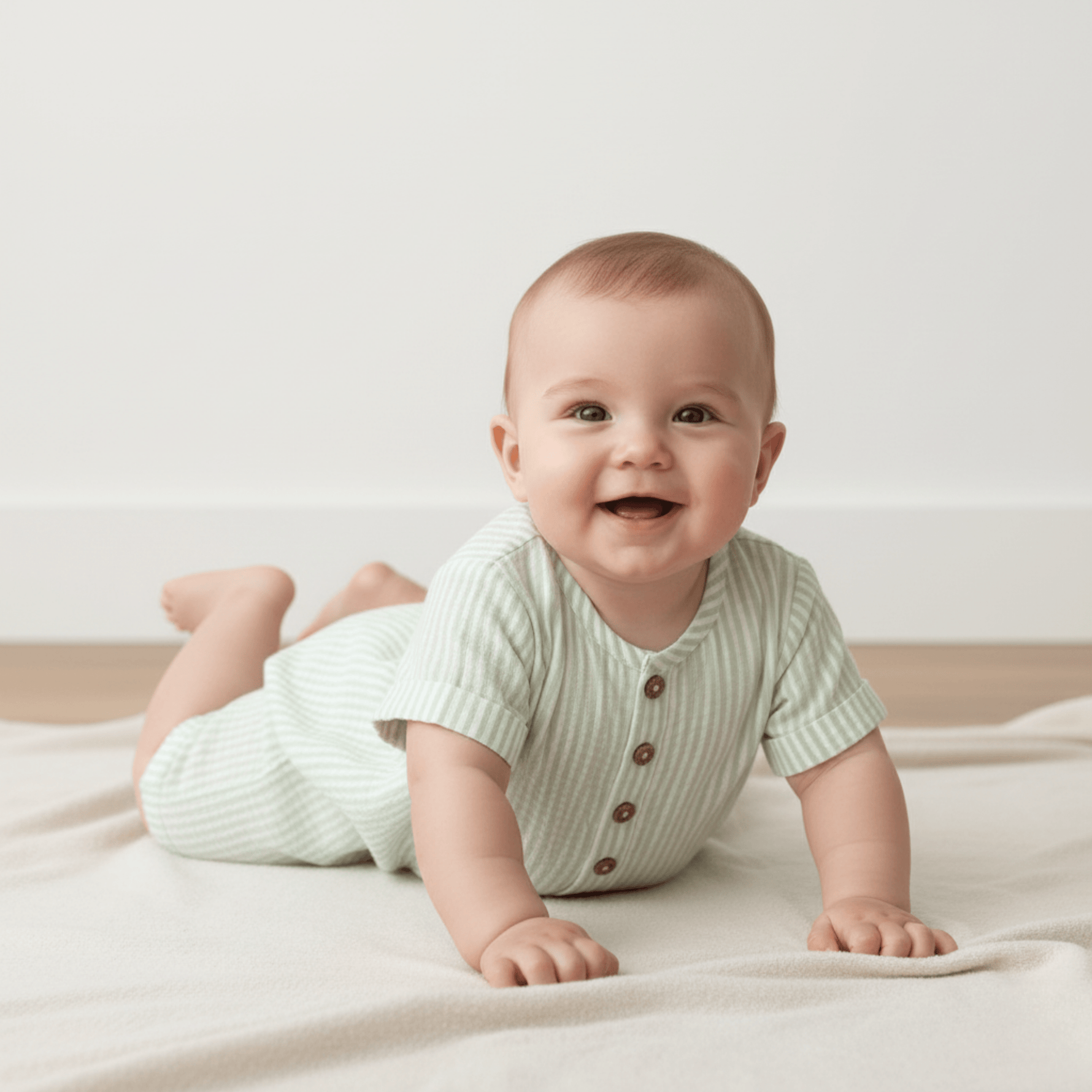 Organic Short Bubble Romper - Basil Stripes - Collar, Baby & Toddler Clothing, Facial expression, Button, Smile | Everetts Place