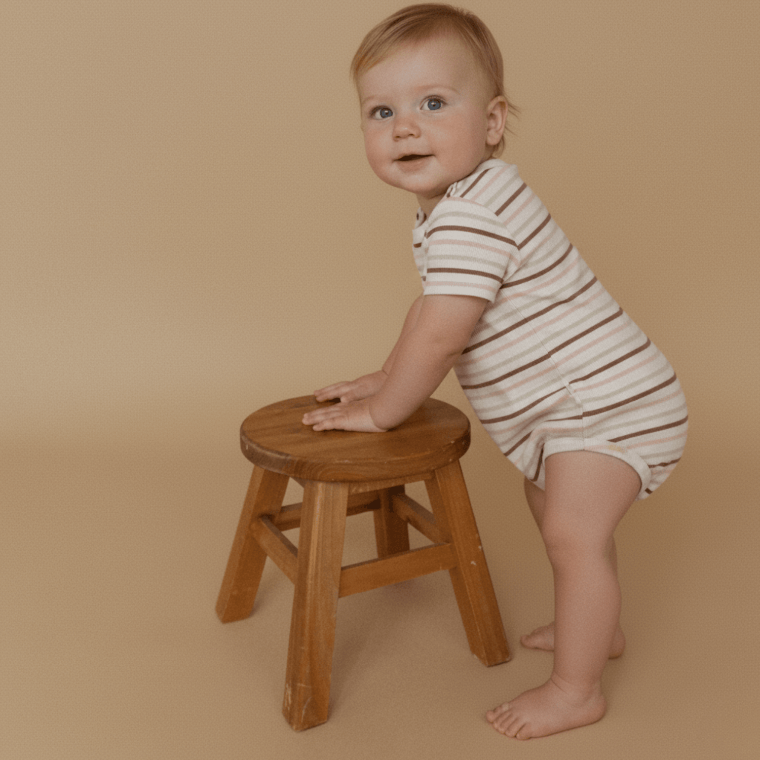 Organic Short Sleeve Bubble Romper - Terra Stripes - Baby & Toddler Clothing, Child, Facial expression, Sitting, Knee | Everetts Place