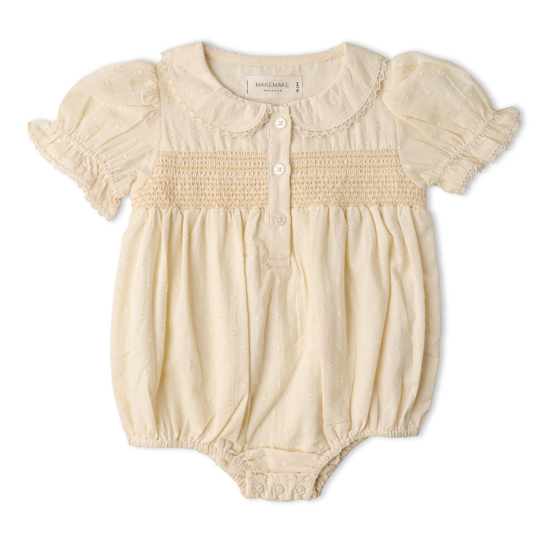 Makemake Organics Organic Smocked Button Romper - Butter Yellow