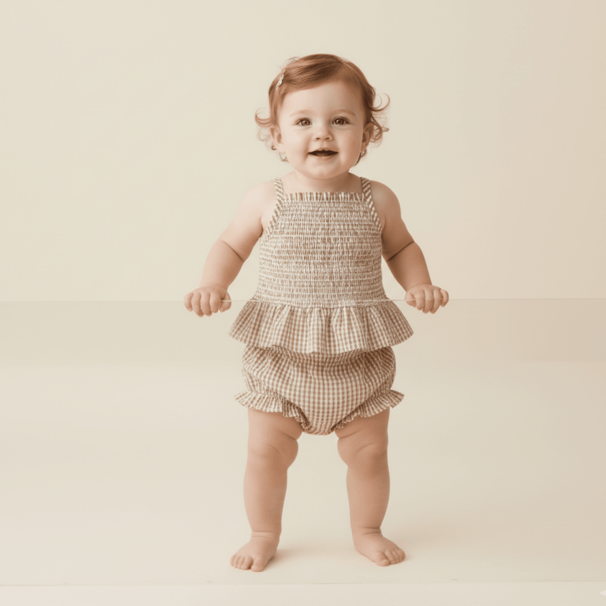 Makemake Organics Organic Smocked Top And Bloomer Set - Caramel Check