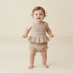 Makemake Organics Organic Smocked Top And Bloomer Set - Caramel Check