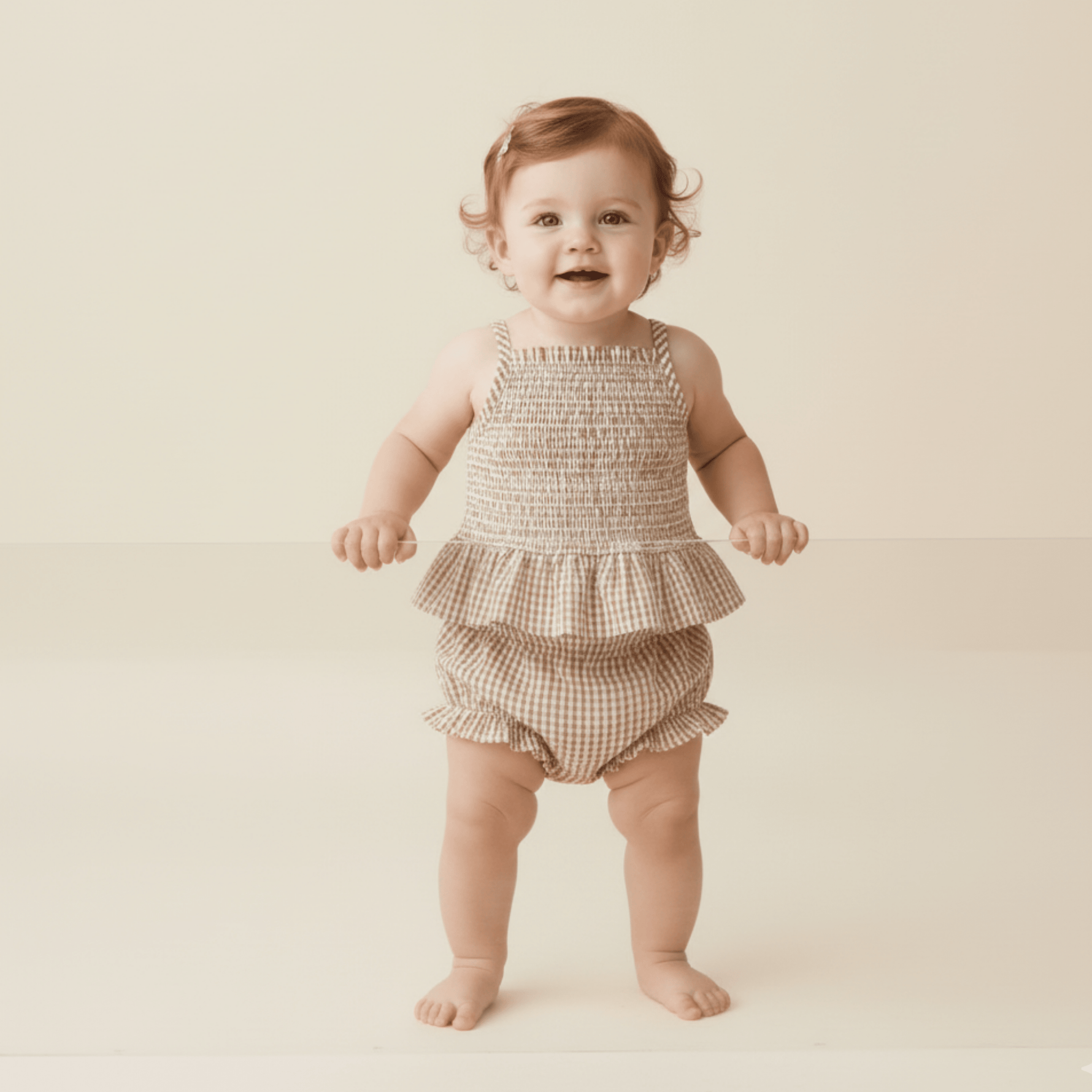 Makemake Organics Organic Smocked Top And Bloomer Set - Caramel Check