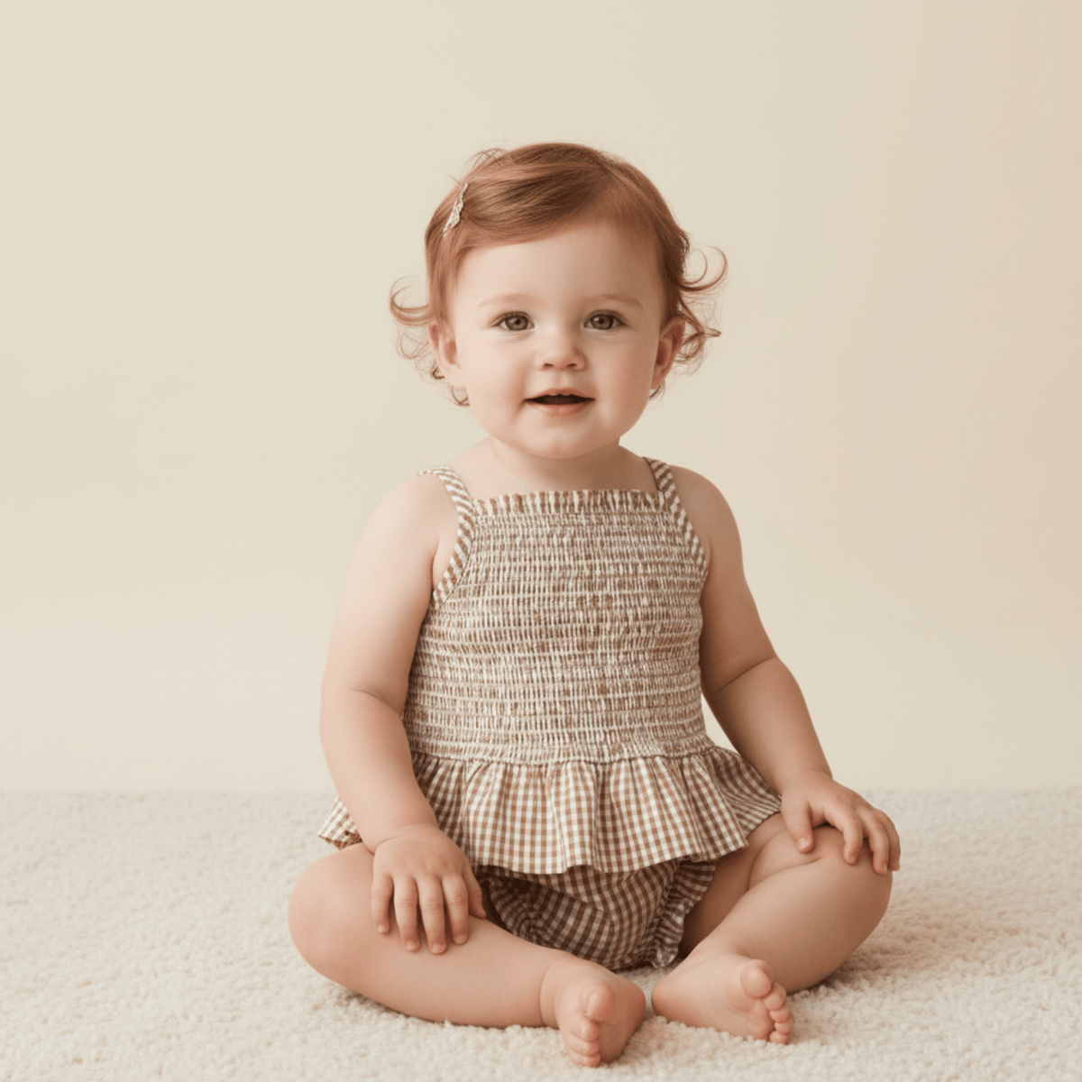 Organic Smocked Top And Bloomer Set - Caramel Check - Baby & Toddler Clothing, Dress, Textile, Child, One-piece garment | Everetts Place