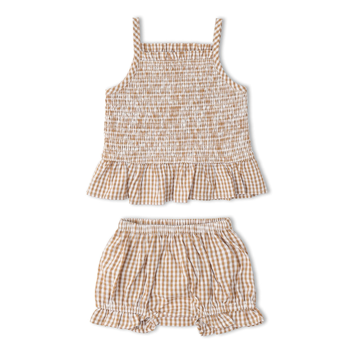 Makemake Organics Organic Smocked Top And Bloomer Set - Caramel Check
