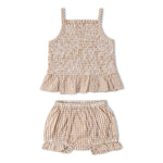Makemake Organics Organic Smocked Top And Bloomer Set - Caramel Check