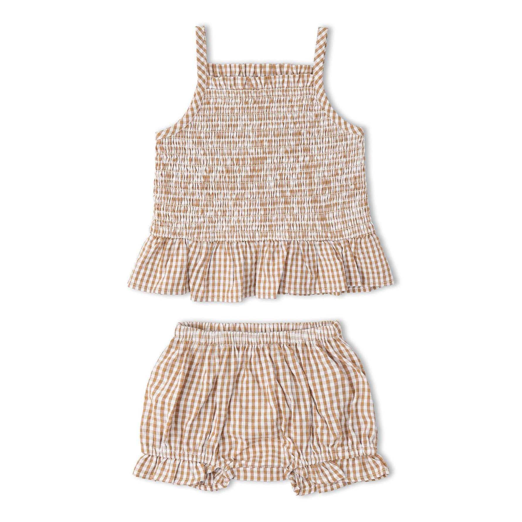 Makemake Organics Organic Smocked Top And Bloomer Set - Caramel Check