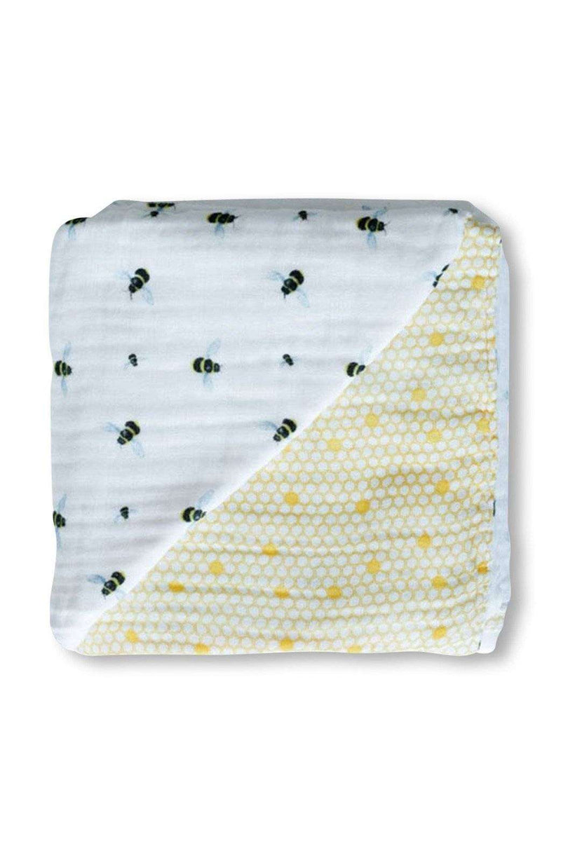 Organic snug blanket with bee print, made from 100% GOTS certified cotton muslin, by Malabar Baby.