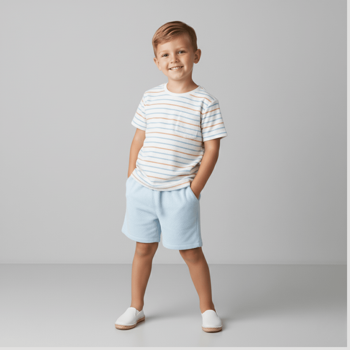 Organic Terry Tee & Shorts Set - Cabana Stripes - Sleeve, Shorts, Bermuda shorts, Child, Active Shorts | Everetts Place