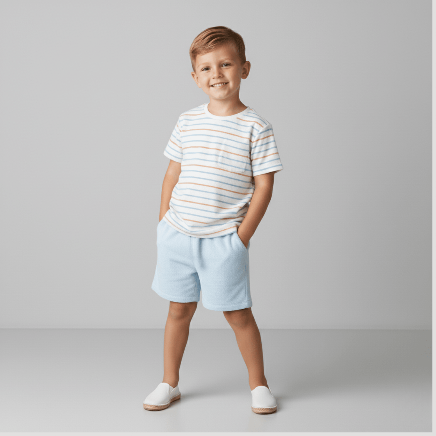 Organic Terry Tee & Shorts Set - Cabana Stripes - Sleeve, Shorts, Bermuda shorts, Child, Active Shorts | Everetts Place