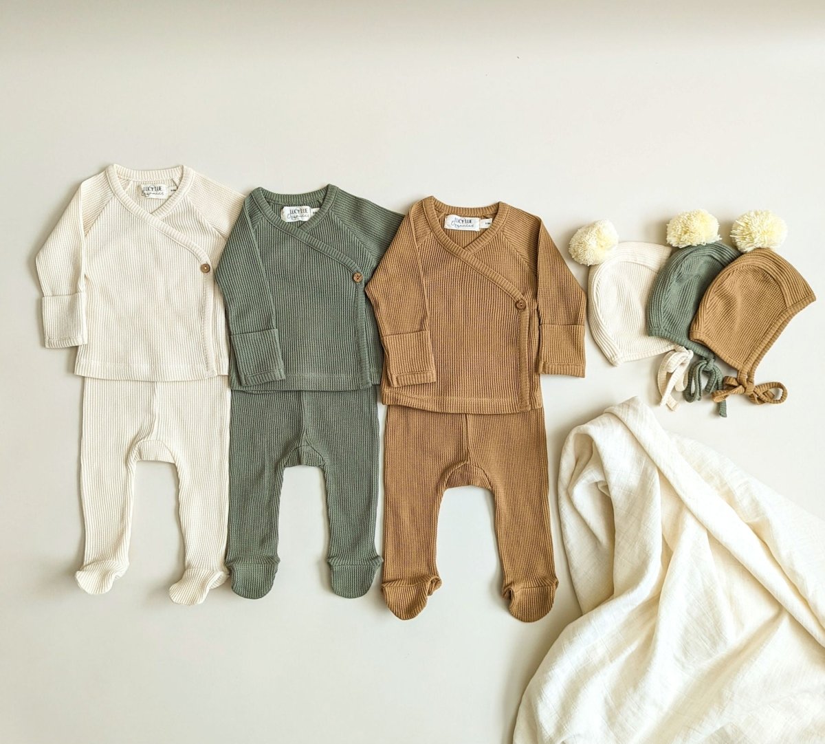 LUCY LUE ORGANICS Organic Waffle Kimono Top & Footed Pant Set | Camel - Everetts Place Boutique - 