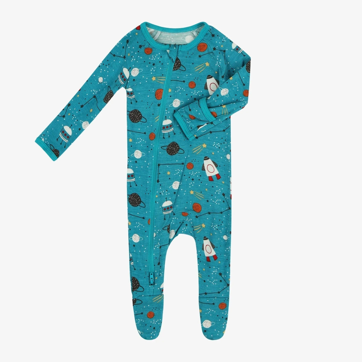 Baby footie pajamas with an outer space print, full-length zipper, and covered feet.
