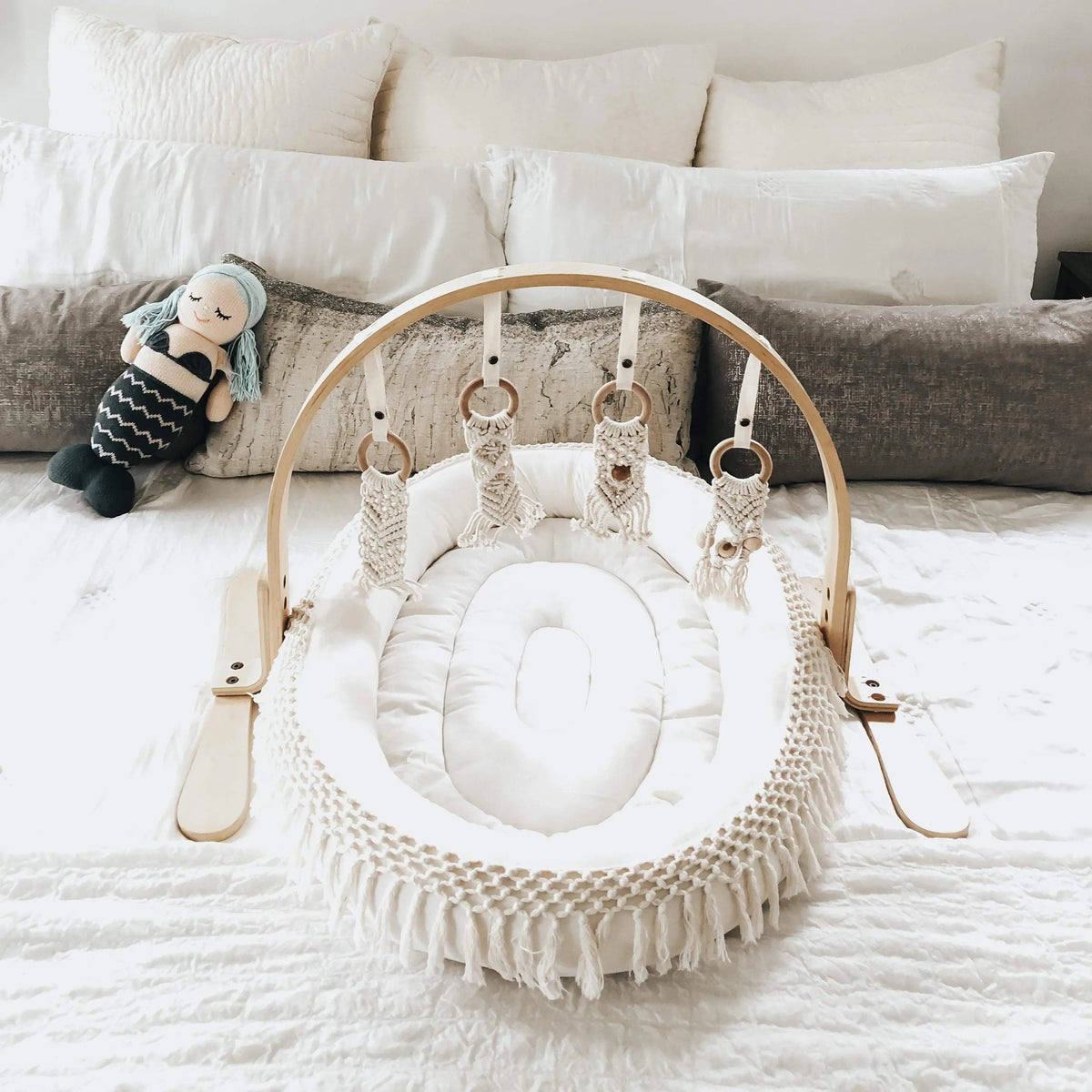 Finn + Emma Oval Boho Chic Play Mat with Macramé Fringe Machine Washable Organic Cotton for Infants Up to Nine Months - 