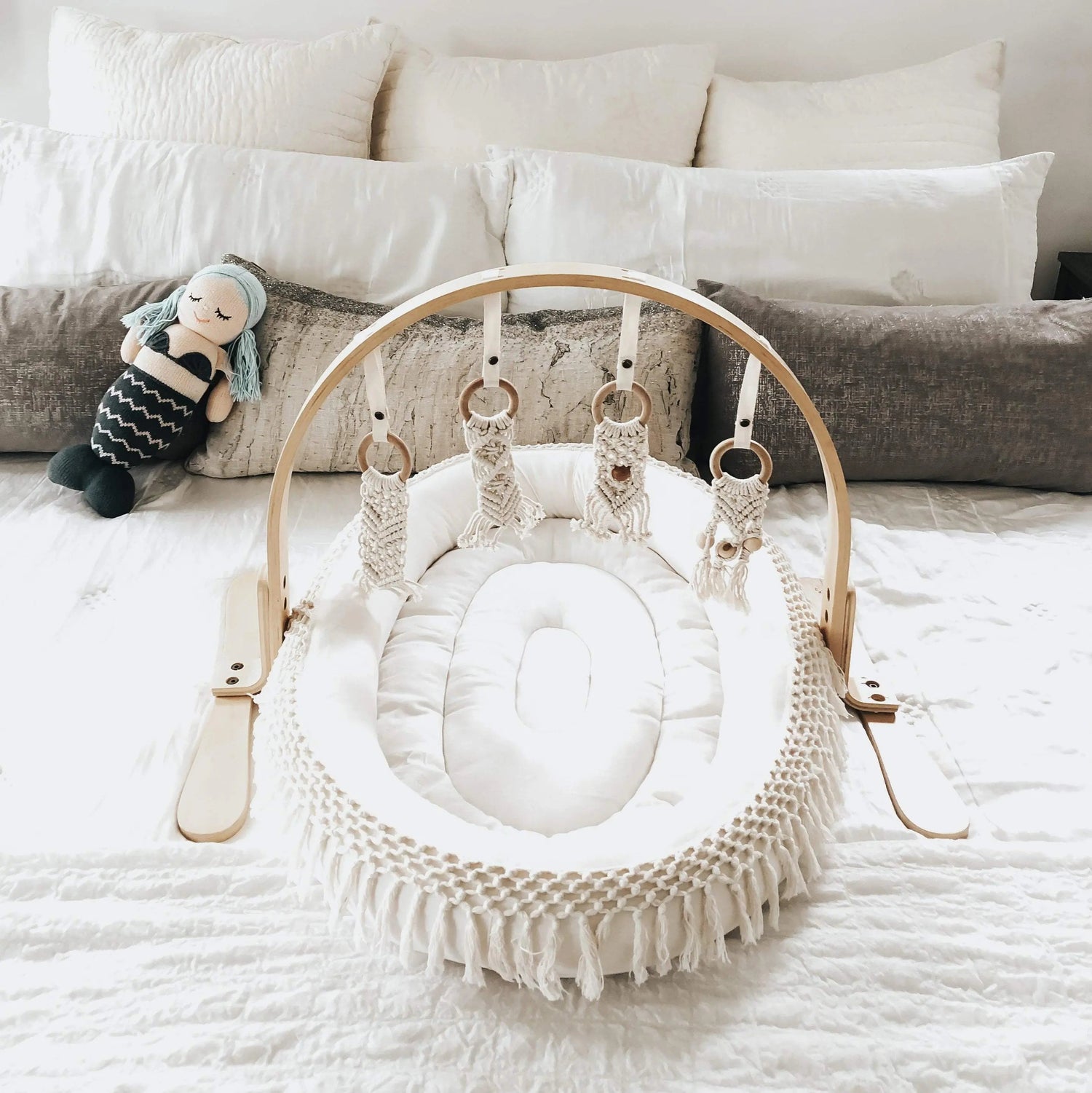 Finn + Emma Oval Boho Chic Play Mat with Macramé Fringe Machine Washable Organic Cotton for Infants Up to Nine Months - 