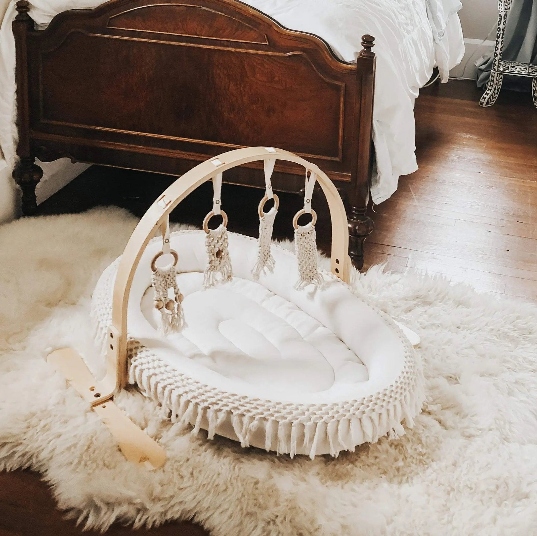 Finn + Emma Oval Boho Chic Play Mat with Macramé Fringe Machine Washable Organic Cotton for Infants Up to Nine Months - 