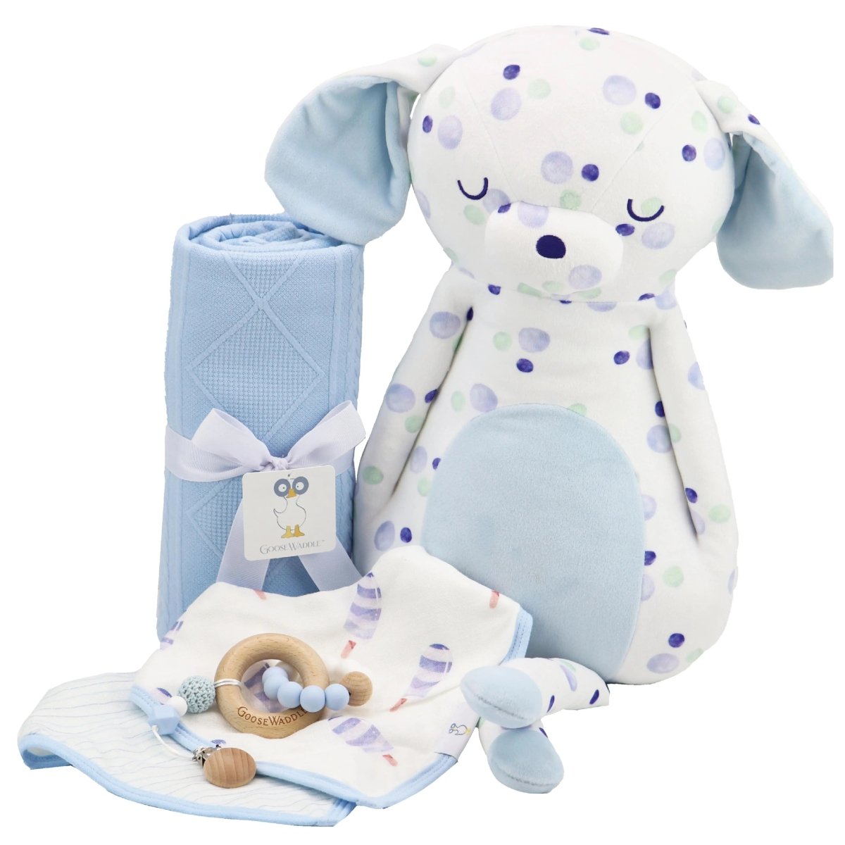 Goosewaddle® | Newborn Baby Blankets Toys Teethers Bibs & More Oxford Puppy Gift Set with Plush Blanket and Teether
