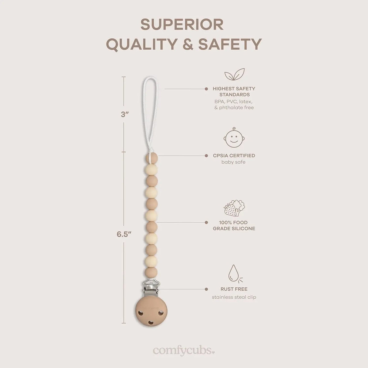 Comfy Cubs Pacifier Clips in Beige, Light Beige, & White, 2 Pack - 