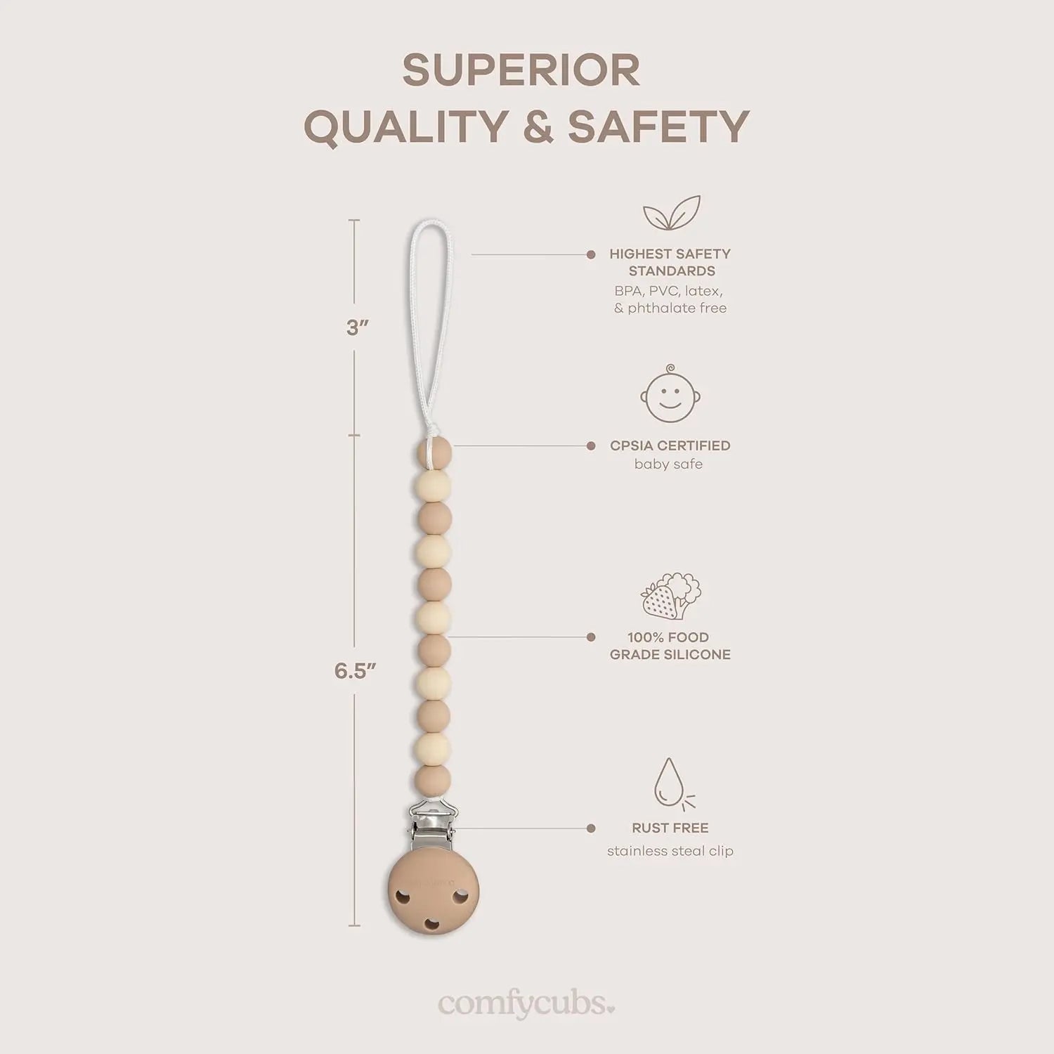 Comfy Cubs Pacifier Clips in Beige, Light Beige, & White, 2 Pack - 