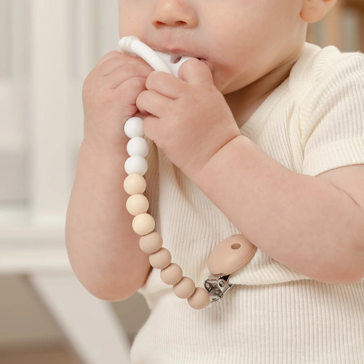 Comfy Cubs Pacifier Clips in Beige, Light Beige, & White, 2 Pack - 