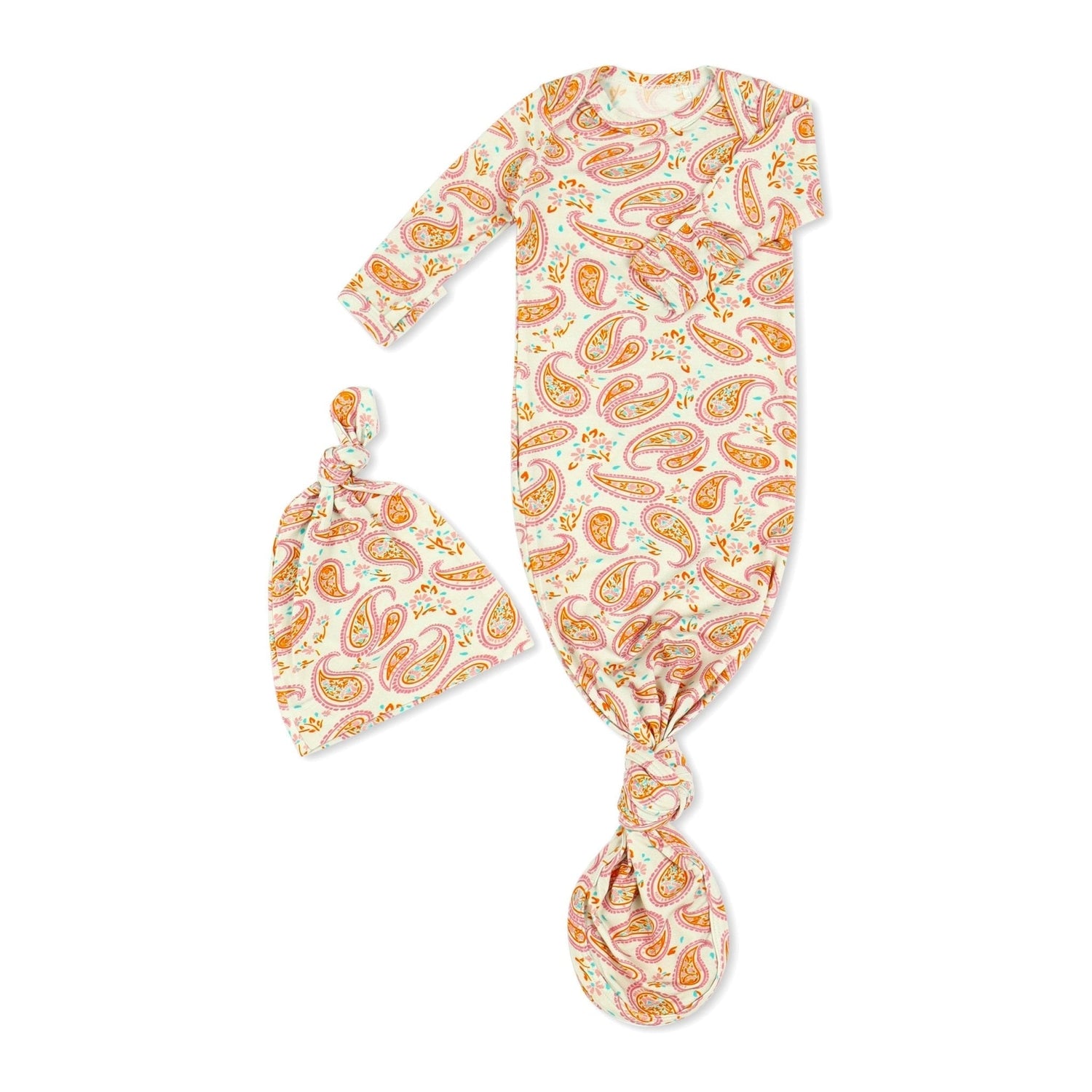 Baby gown and matching hat in orange paisley print with fold-over hand mittens