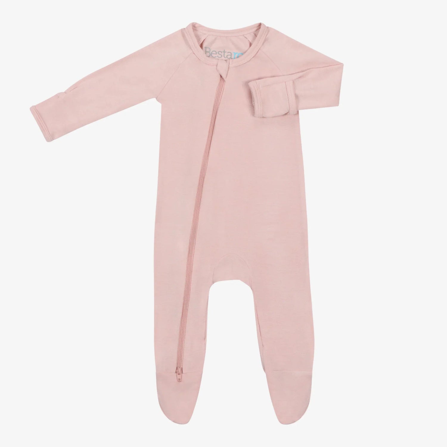 Pale mauve baby footie pajamas with long sleeves, full-length zipper, and covered feet