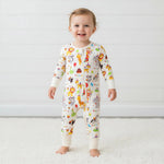Baby convertible coverall with animal print, long sleeves, two-way zipper and convertible feet