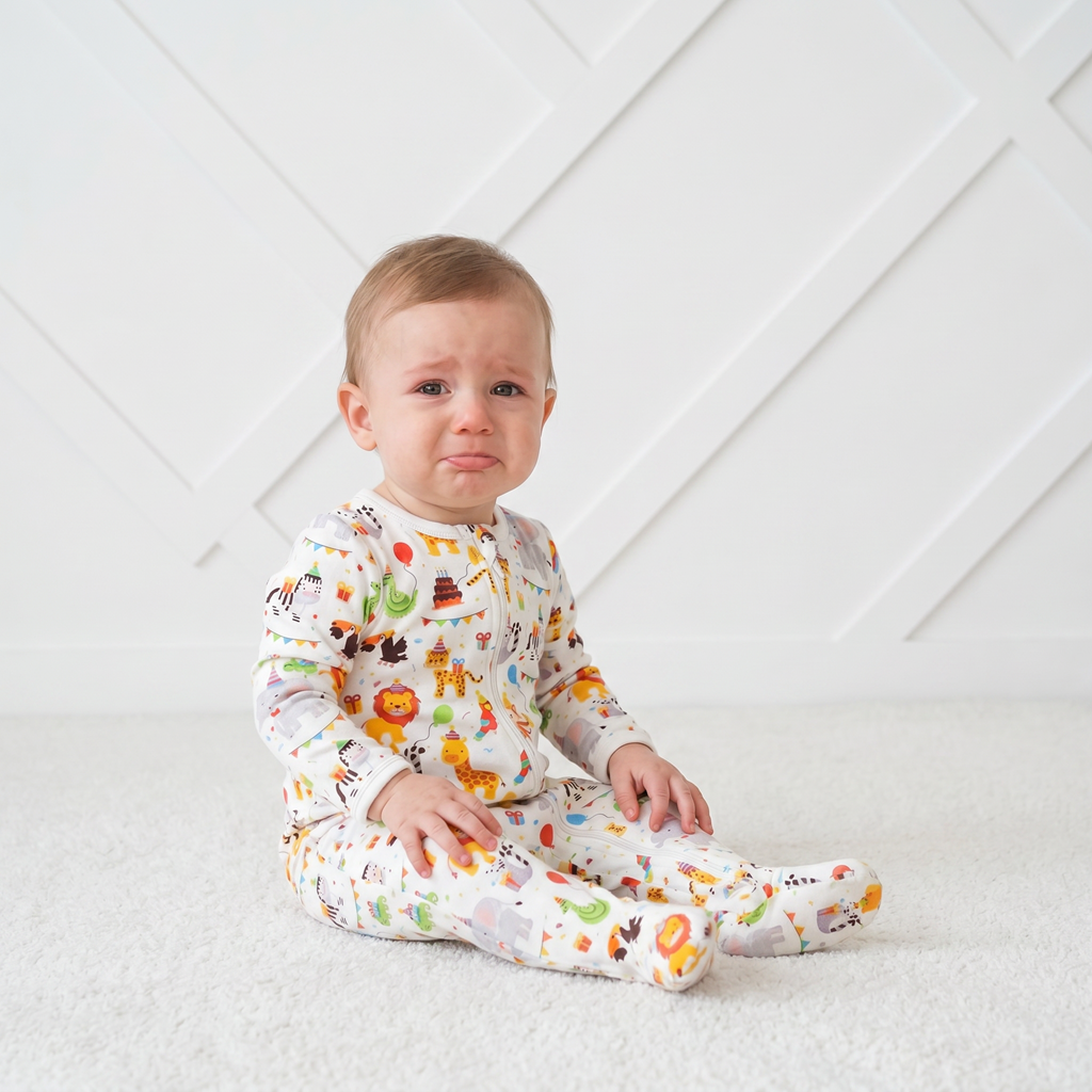 Baby footie pajamas in a party animals print with two-way front zipper and covered feet