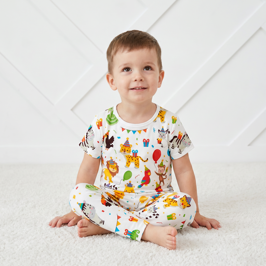 Two-piece pajama set with short sleeve top and long pants in a party animals print
