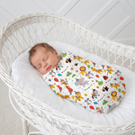 Square baby swaddle blanket with Party Animals print, spread flat to show the full 45-inch design