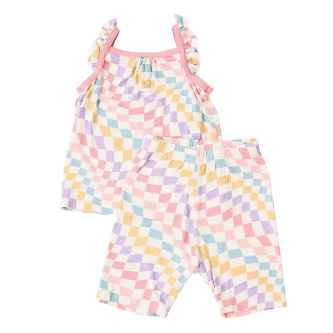 Bestaroo Pastel Checks Bamboo Flutter Sleeve Tank Tops And Shorts Set For Baby - 
