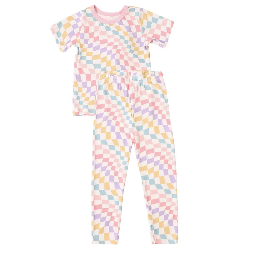 Bestaroo Pastel Checks Bamboo Short Sleeve Pajama Set for Kids Soft and Cozy - 