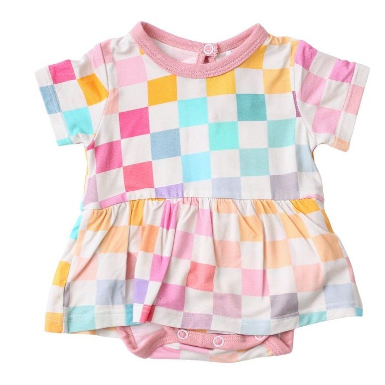 Bodysuit dress in a pastel check pattern with short sleeves and snaps at the inseam