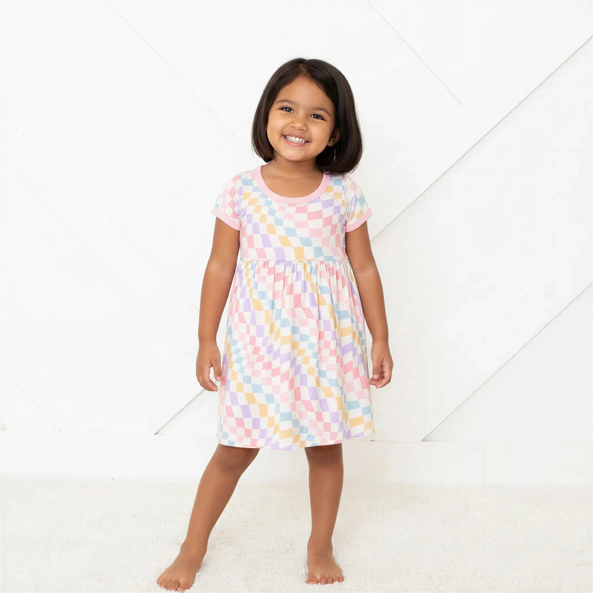 Bamboo Dress, Pastel Checks, Short Sleeve