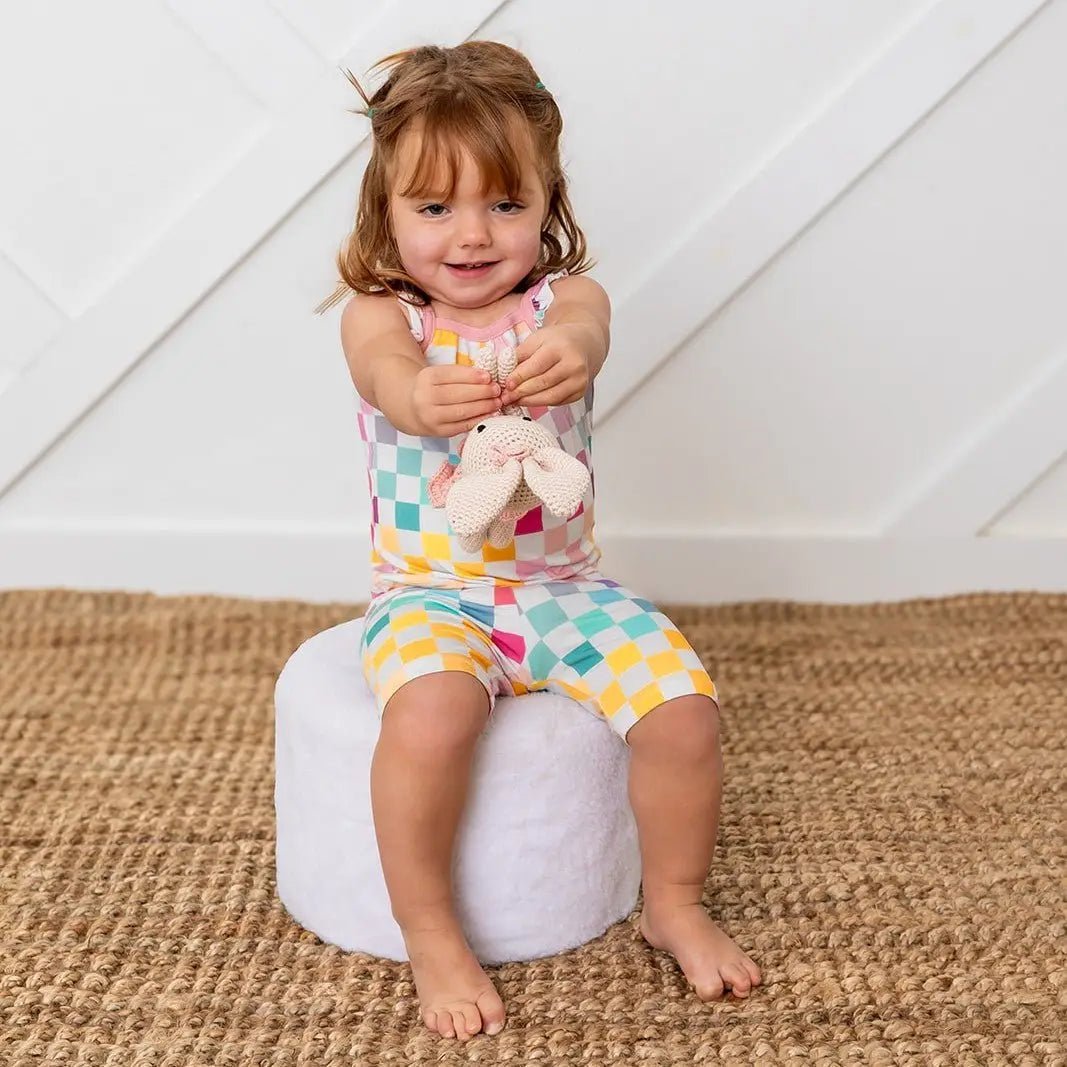 Bestaroo Pastel Checks Flutter Sleeve Bamboo Tank Tops And Shorts Set For Kids - 