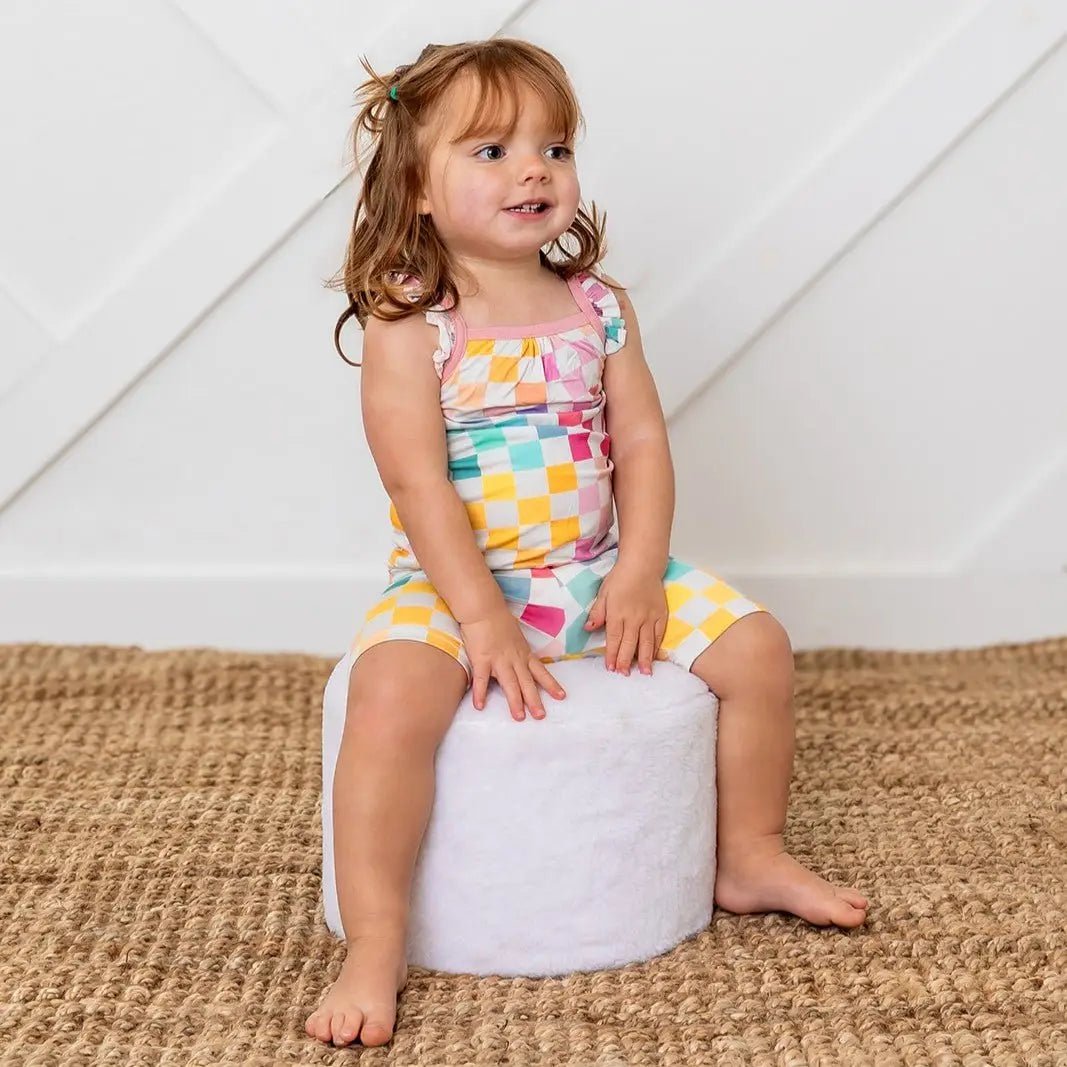 Bestaroo Pastel Checks Flutter Sleeve Bamboo Tank Tops And Shorts Set For Kids - 