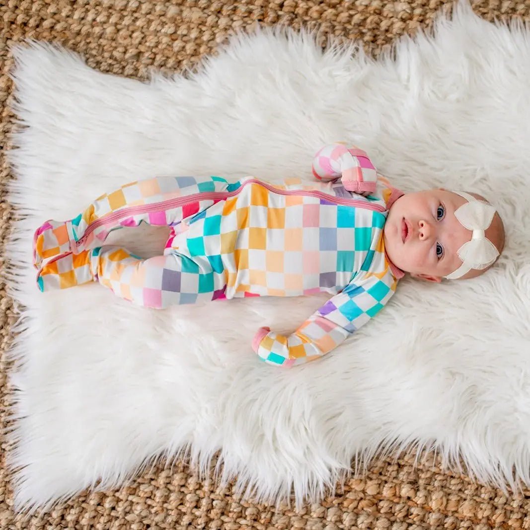 Bestaroo Pastel Checks Footie With Bamboo Fabric Fold Over Mittens And Two Way Zipper - 
