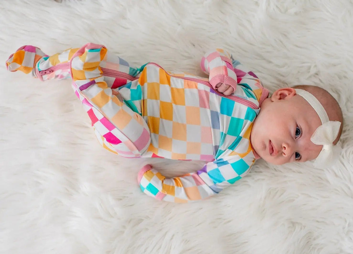 Bestaroo Pastel Checks Footie With Bamboo Fabric Fold Over Mittens And Two Way Zipper - 