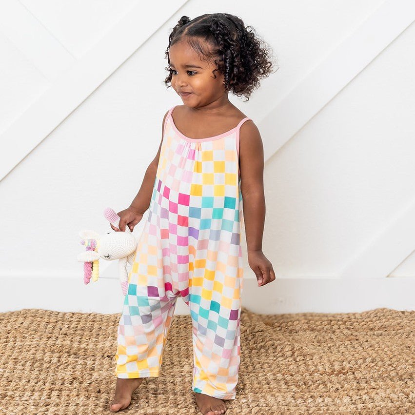 Pastel checked jumpsuit with pockets for a toddler