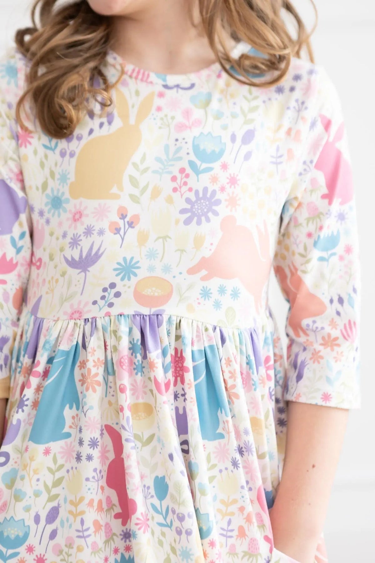 Mila & Rose ® Pastel Floral Bunnies 3/4 Sleeve Pocket Twirl Dress - 