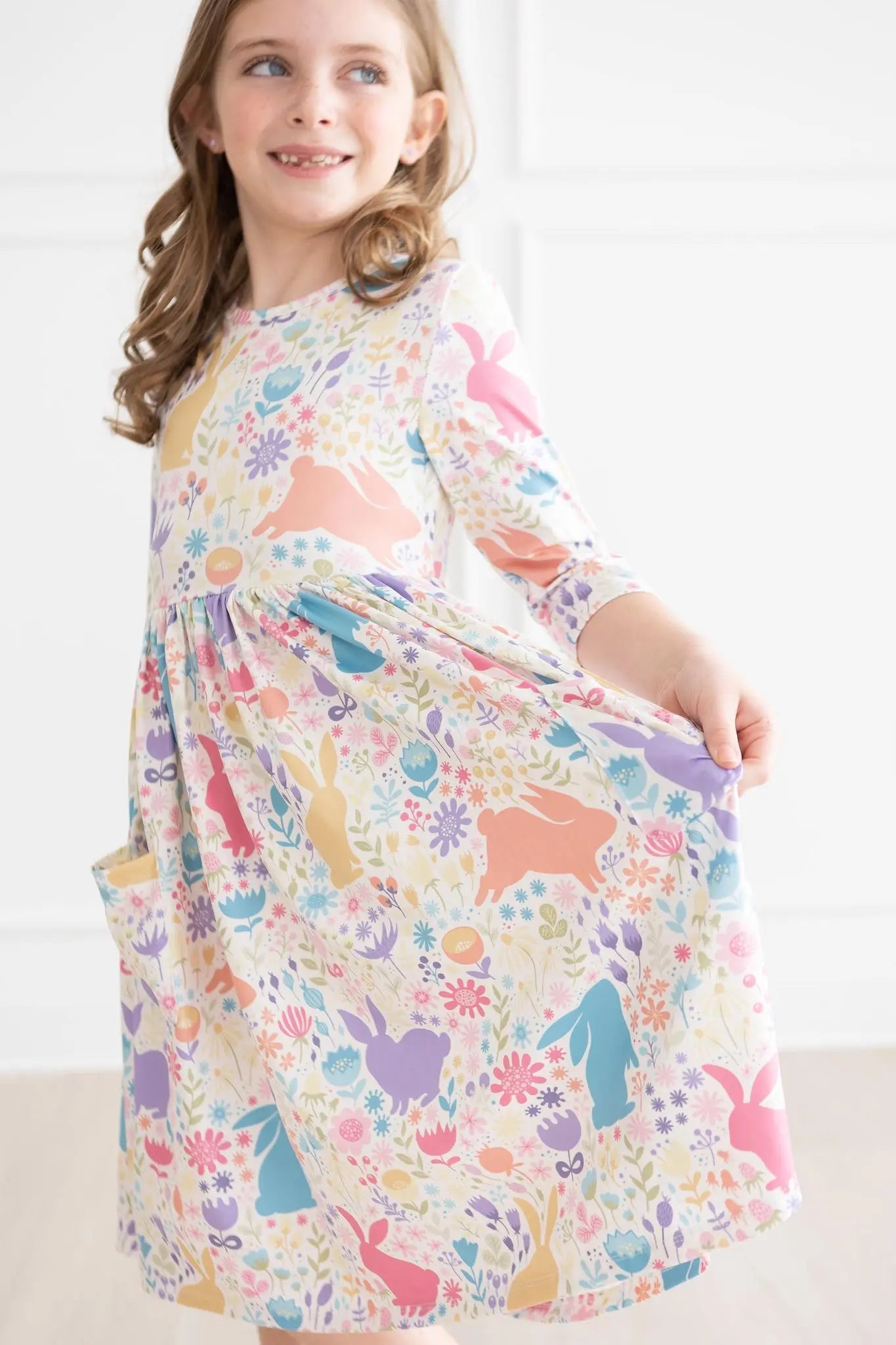 Mila & Rose ® Pastel Floral Bunnies 3/4 Sleeve Pocket Twirl Dress - 