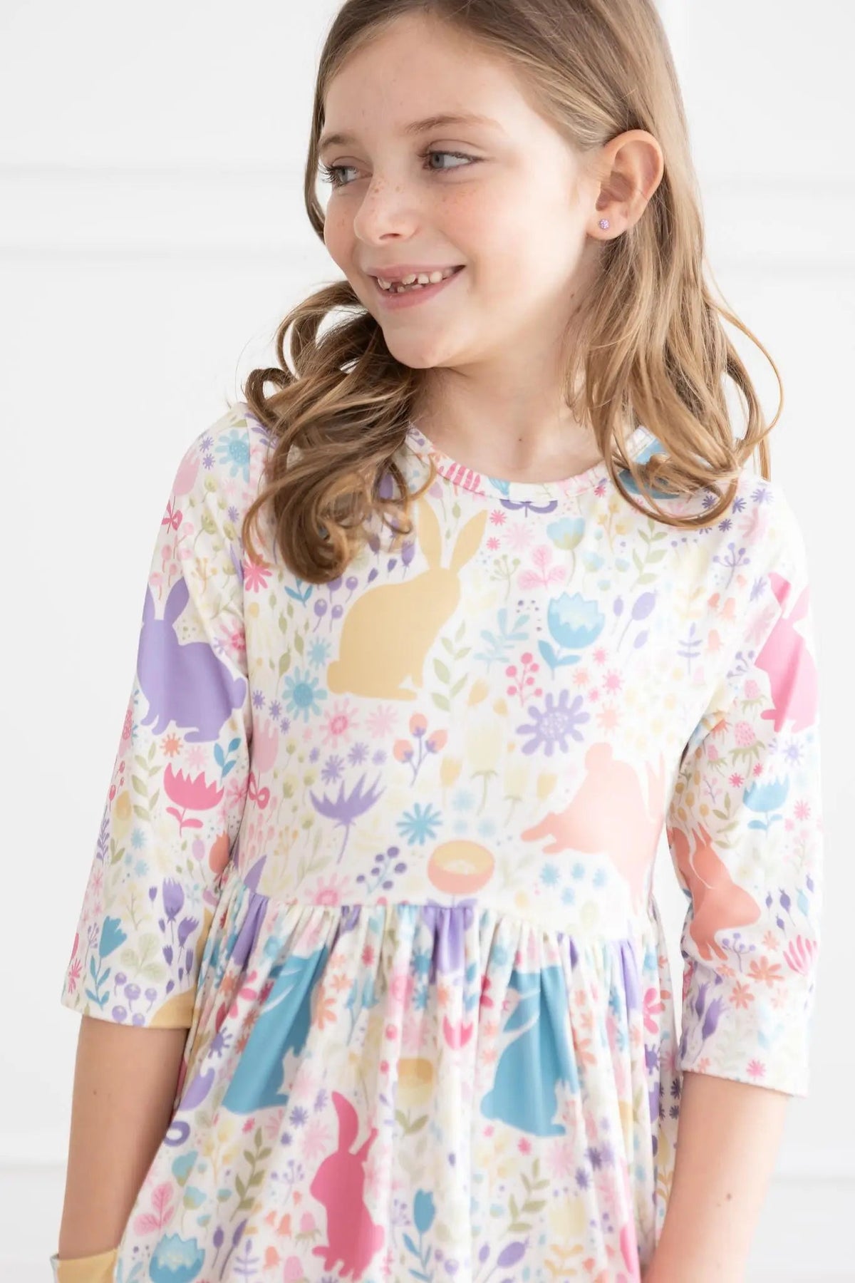 Mila & Rose ® Pastel Floral Bunnies 3/4 Sleeve Pocket Twirl Dress - 