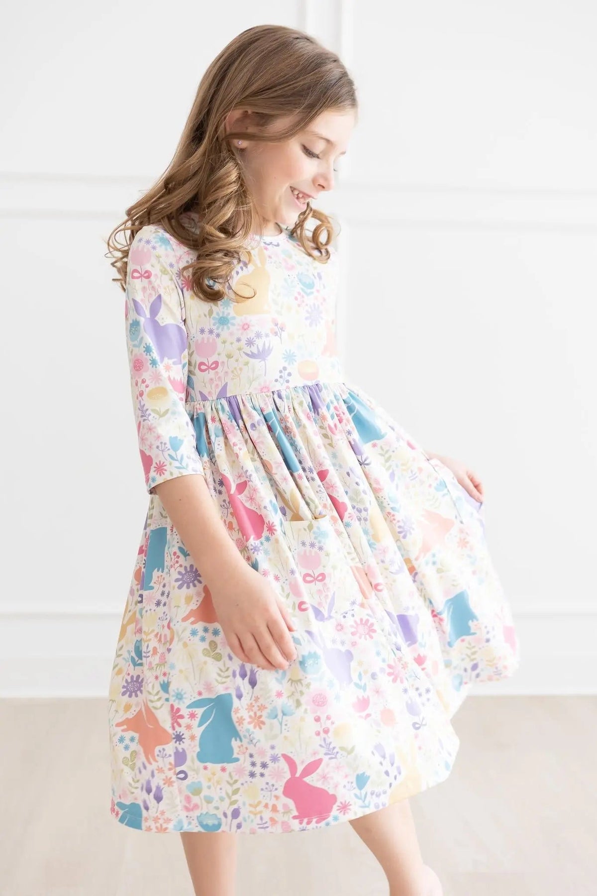 Mila & Rose ® Pastel Floral Bunnies 3/4 Sleeve Pocket Twirl Dress - 