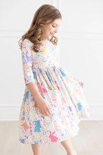Mila & Rose ® Pastel Floral Bunnies 3/4 Sleeve Pocket Twirl Dress - 