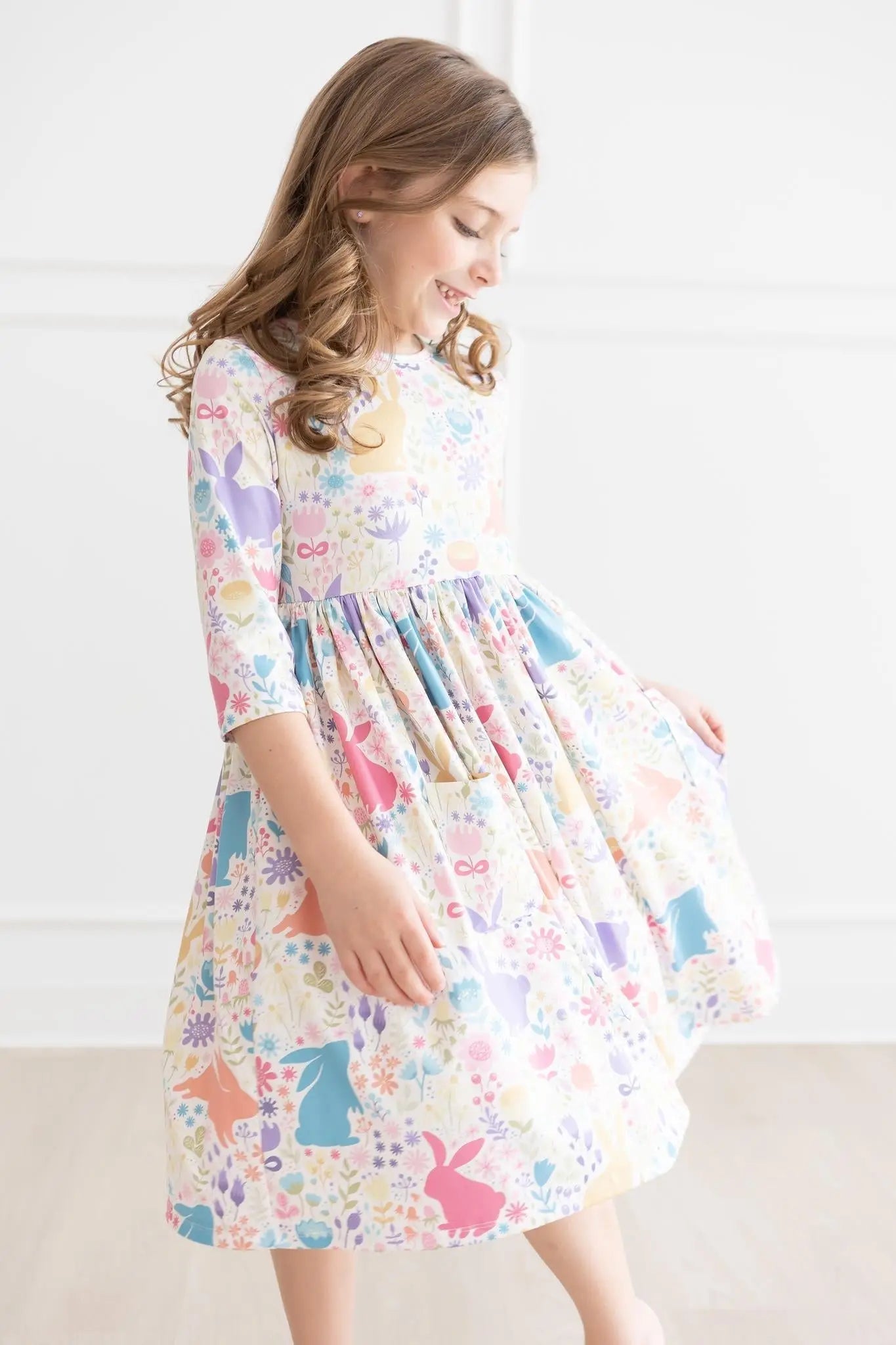 Mila & Rose ® Pastel Floral Bunnies 3/4 Sleeve Pocket Twirl Dress - 