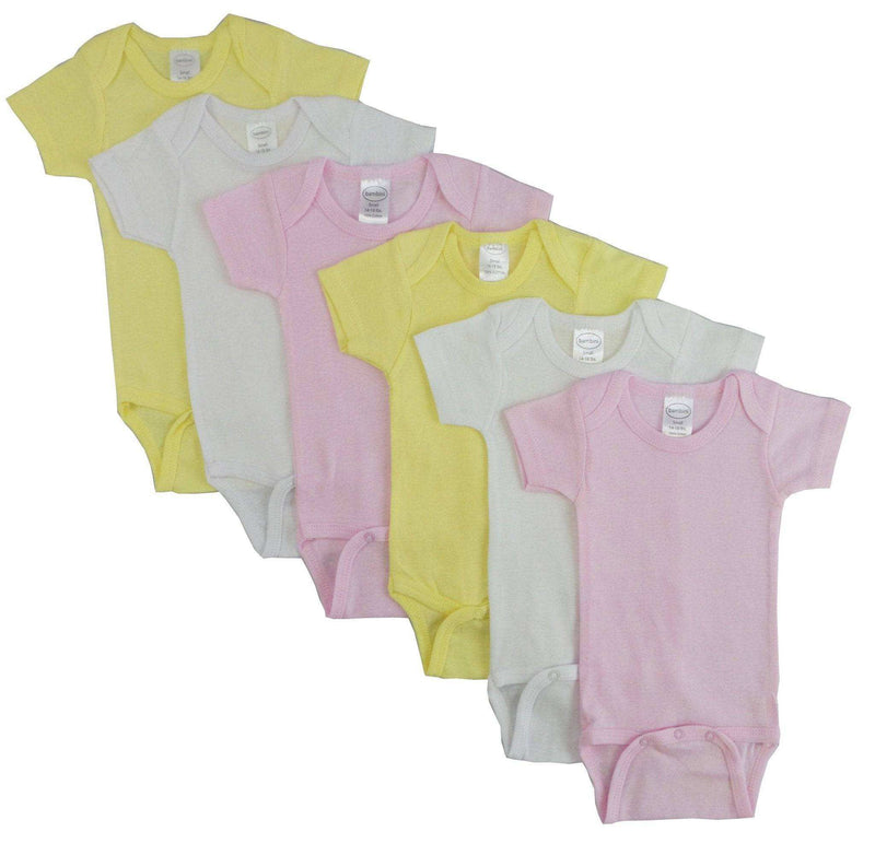 Pastel girls short sleeve cotton onezies 6 pack with expandable shoulder neckline and snap closure.