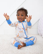 Baby convertible coverall in Pasture Pals farm animal print with two-way zipper and convertible feet