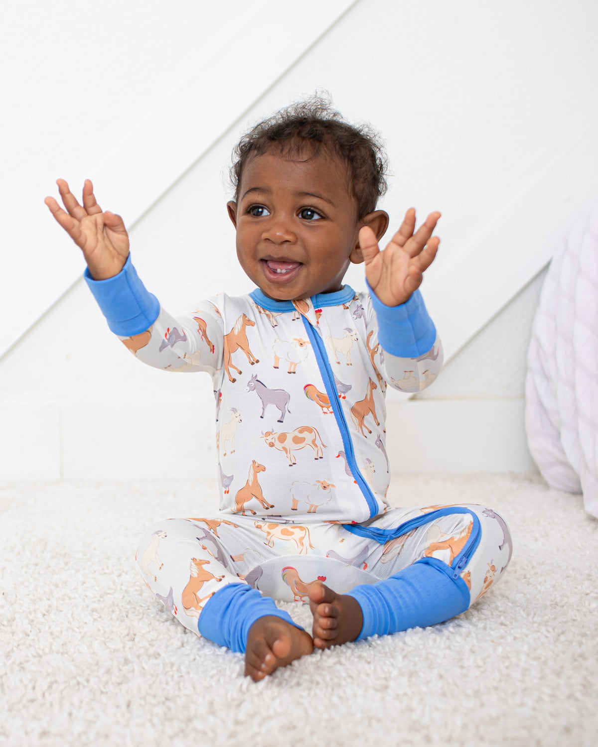 Baby convertible coverall in Pasture Pals farm animal print with two-way zipper and convertible feet