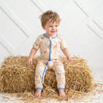 Baby convertible romper in whimsical Pasture Pals farm animal print with a two-way front zipper