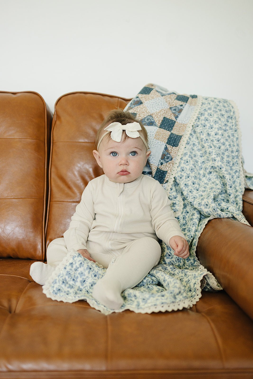 Mebie Baby Patchwork Print Blue Blossom Lace Muslin Quilt With Lace Edges - 