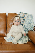 Mebie Baby Patchwork Print Blue Blossom Lace Muslin Quilt With Lace Edges - 
